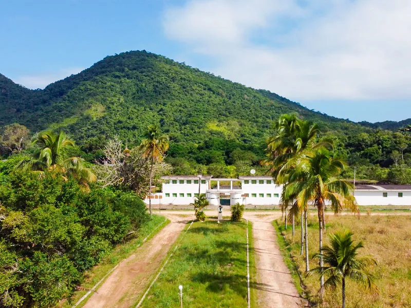 Aerial of the abandoned Cândido Mendes prison ruins at Dois Rios, Ilha Grande