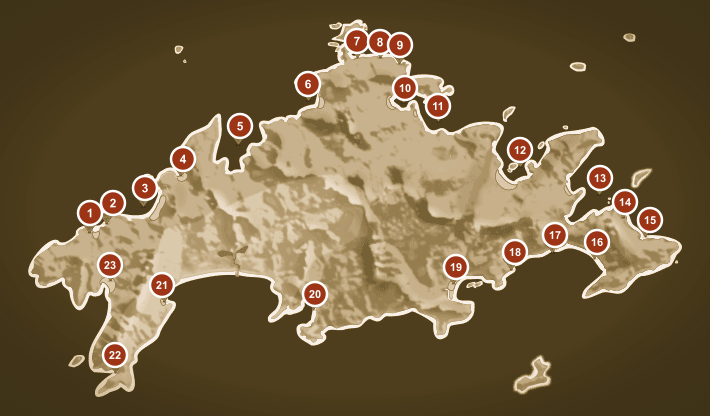 Map of Ilha Grande, Brazil, with its beaches and fishing communities numbered 1 to 23 — from Praia Vermelha and Araçatiba in the west to Lopes Mendes, Caxadaço and Castelhanos in the east, with Vila do Abraão in the centre.